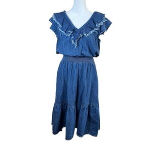 Y2K Lola P. Denim Cotton Midi Dress Womens Sz Medium Ruffle Boho Prairie Western